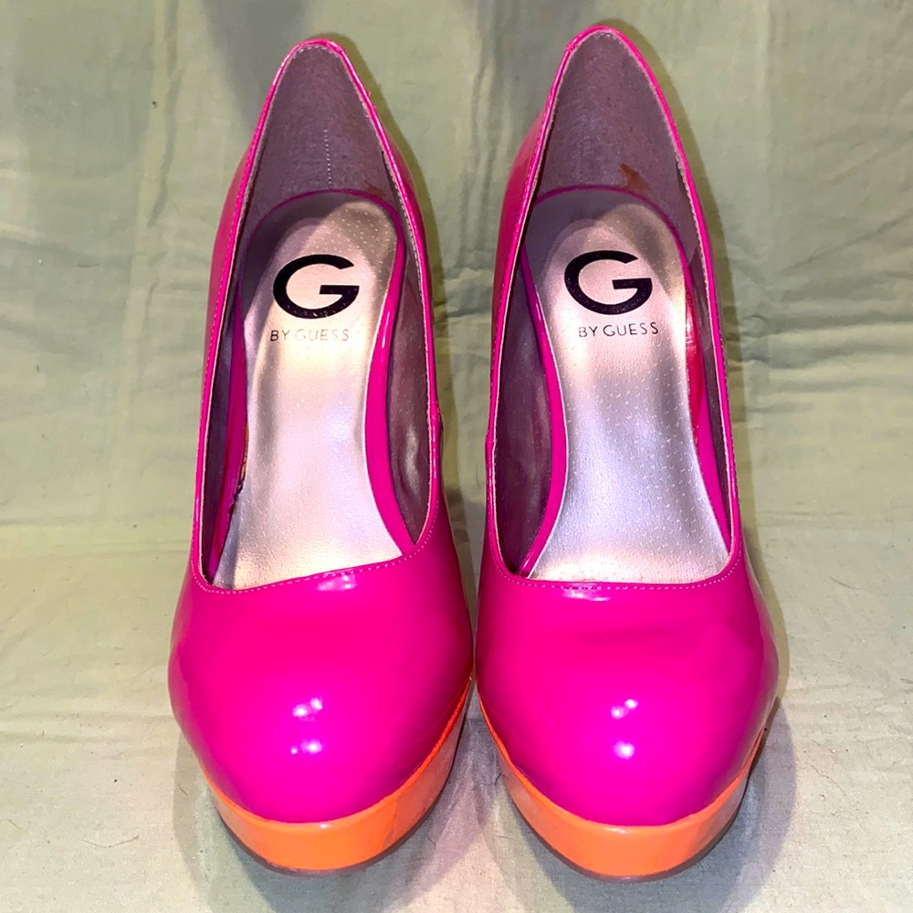 G by Guess patent leather pink, orange, and green platform heels. Size 7.